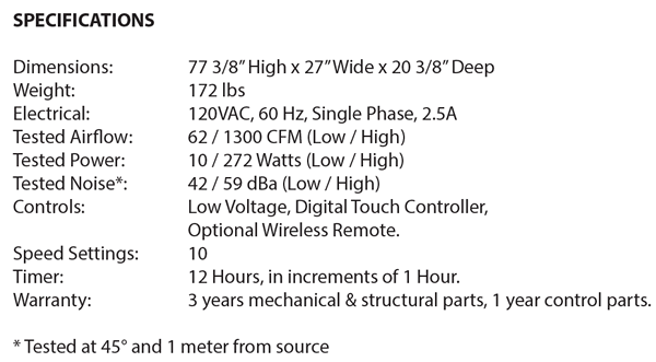 Duravent HEPA Tower Specifications