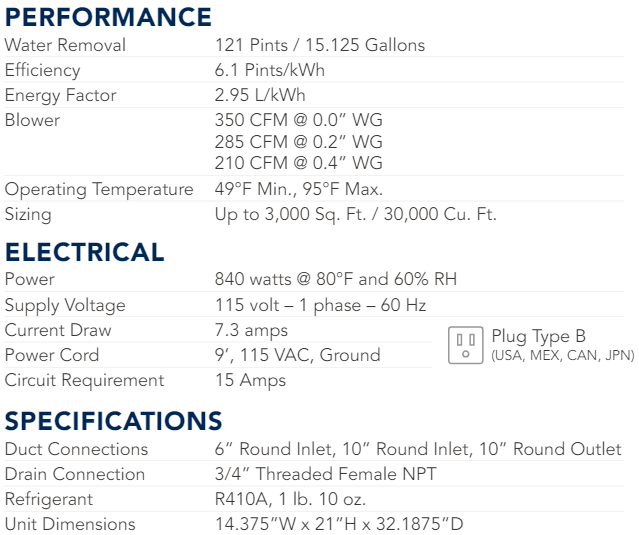 Broan B120DHV dehumidifier specifications
