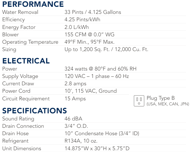 Broan B33DHW dehumidifier specifications