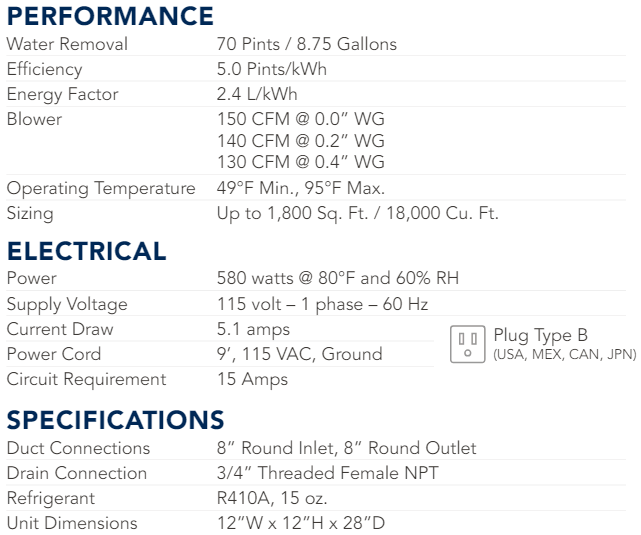 Broan B70DHV dehumidifier specifications