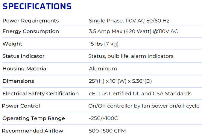 Blade UVC-120V Specifications