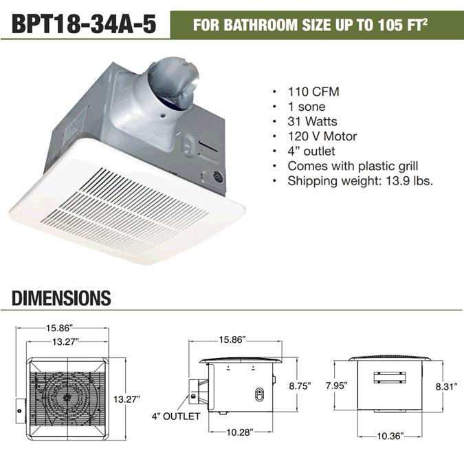 canarm bpt18 fan specifications