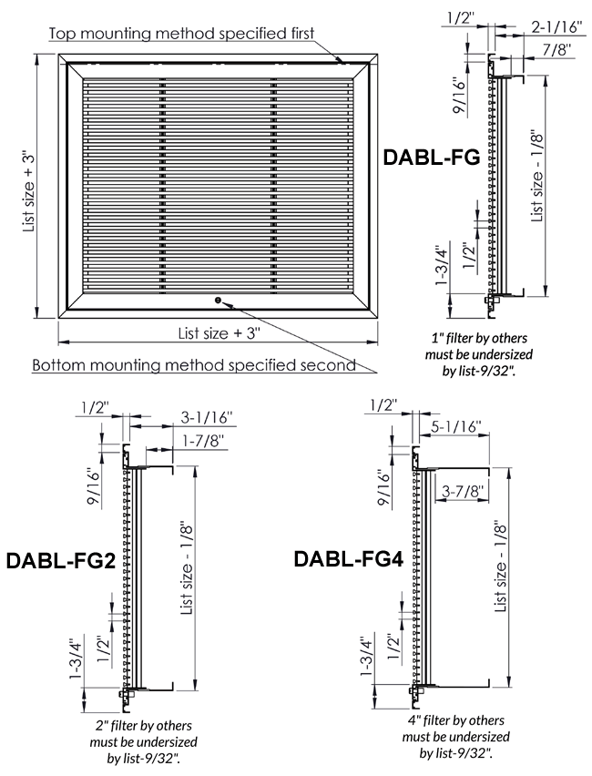 Dayus DABL-FG filter grille dimensions