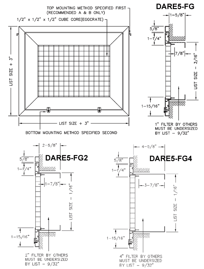 Dayus DARE5-FG filter grille dimensions