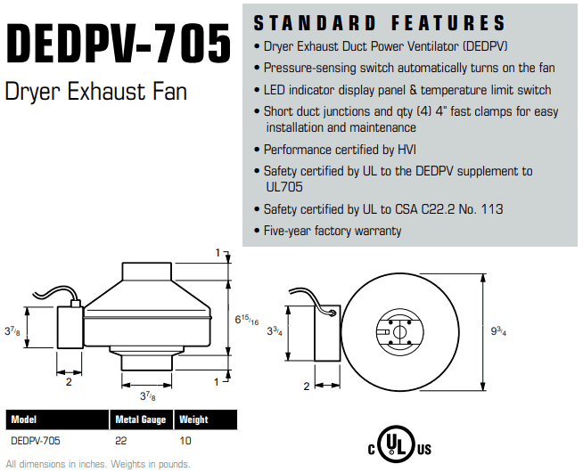 fantech dedpv-705 specifications