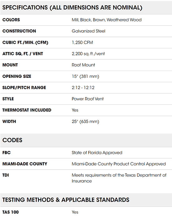 ERV5 attic ventilator specifications