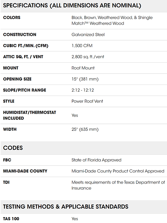 ERV6HT attic ventilator specifications