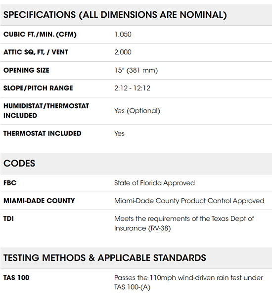 EZCR1 attic ventilator specifications