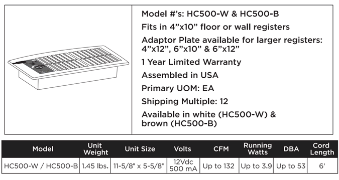 Suncourt HC500 Specifications