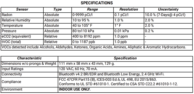 SunRADON luft radon monitor specifications