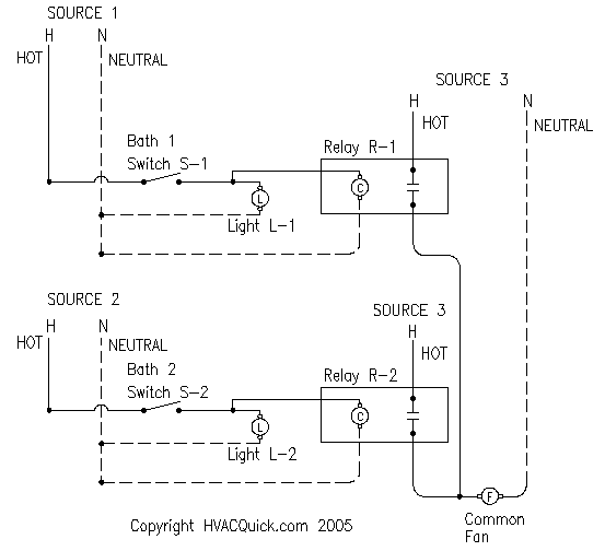 HVACQuick - How To's - Wiring: 1 fan serving 2 baths with 1 switch per